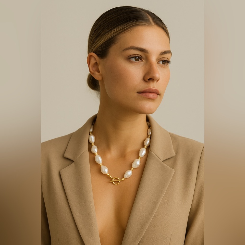 Anthropologie Pearl Necklace – Baroque Gold Toggle Chain coastal beach vacation - Picture 3 of 6
